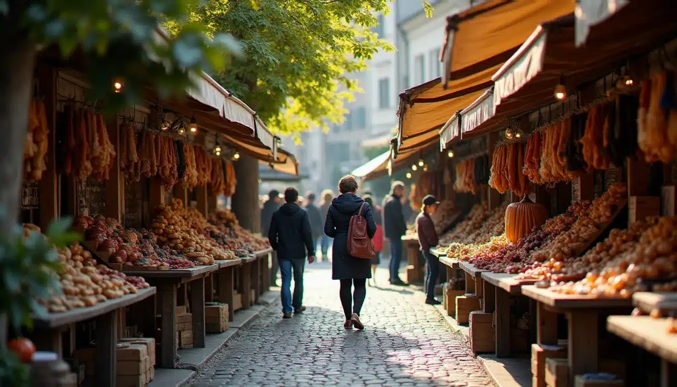 Visiteurs explorant un marché artisanal dans le quartier historique de Grenoble, avec des producteurs locaux présentant leurs produits sous les platanes