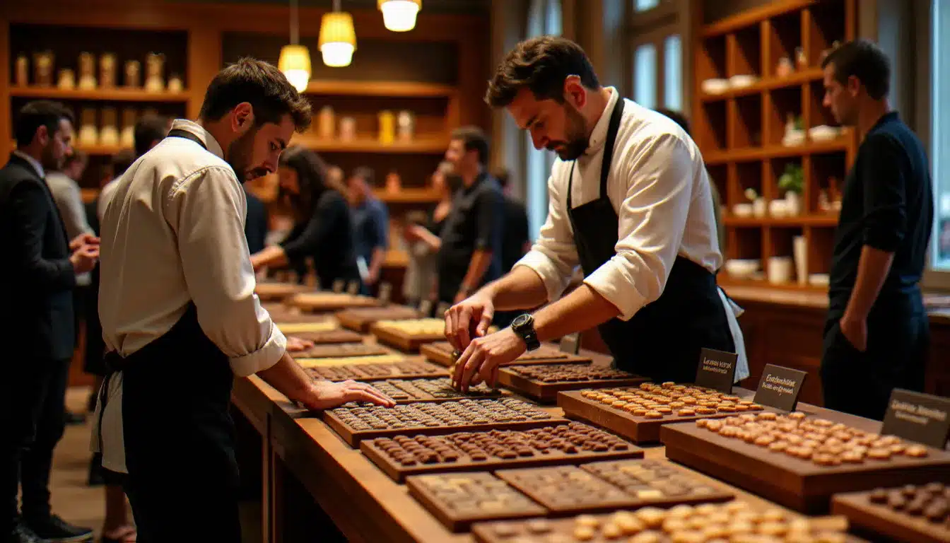 Stand de chocolatier artisanal lors d'une grande fête du chocolat à Grenoble, avec démonstration de tempérage devant un public attentif sous un éclairage chaleureux