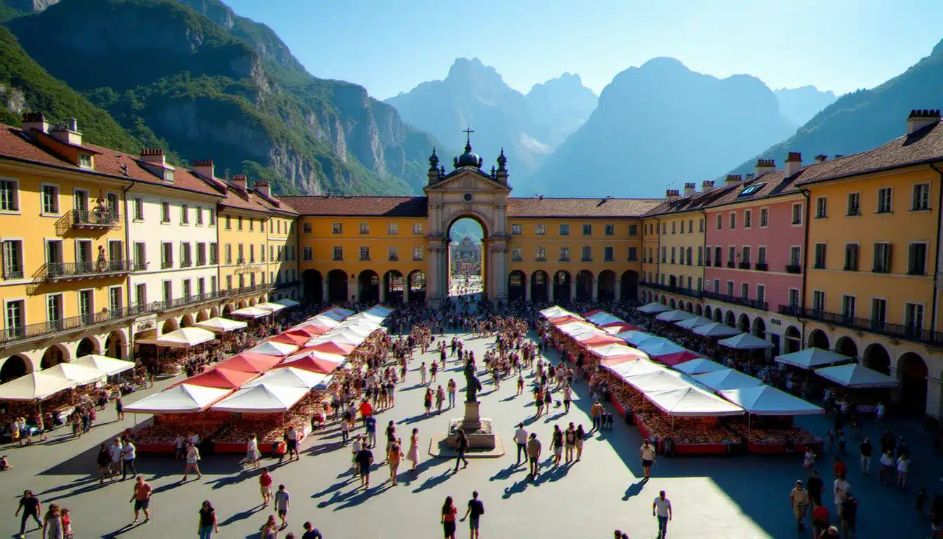 Vue aérienne de la place Grenette à Grenoble lors d'un marché estival, avec des événements Grenoble aujourd'hui animant le centre-ville sous un ciel ensoleillé