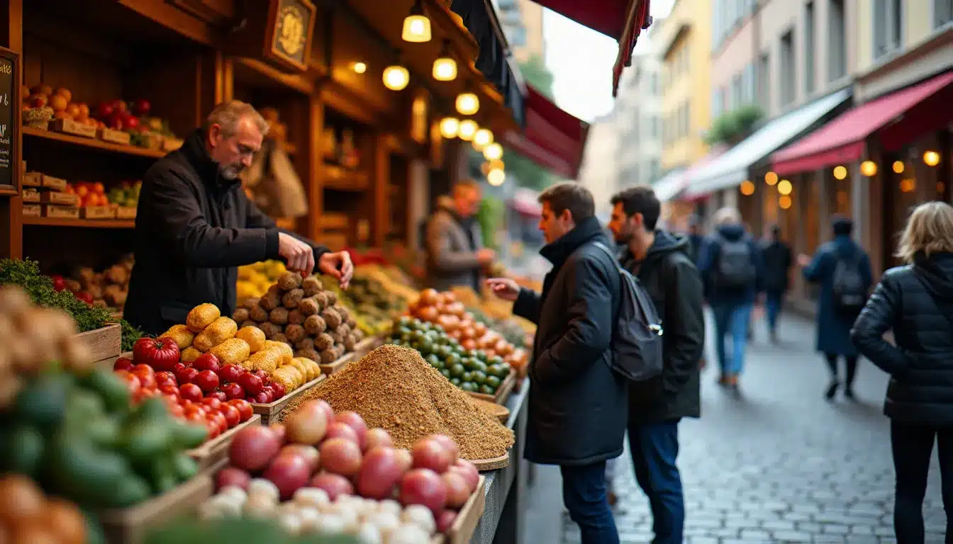 Marché artisanal animé à Lyon avec des exposants et des visiteurs en train de déguster des produits locaux lors d'un événement de quartier