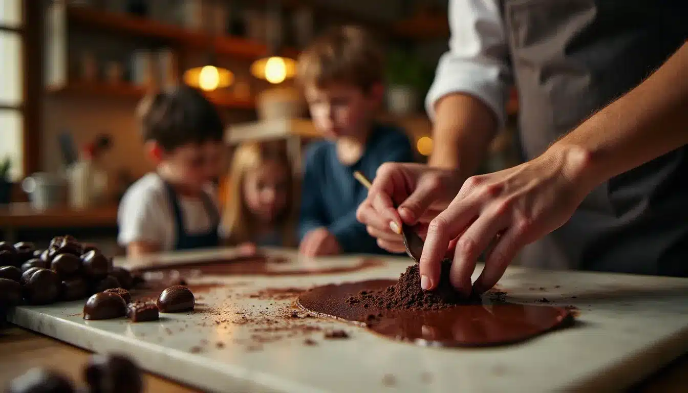 Chocolatier artisan travaillant le chocolat lors d'un atelier familial à Lyon pendant la Grande Fête du Chocolat