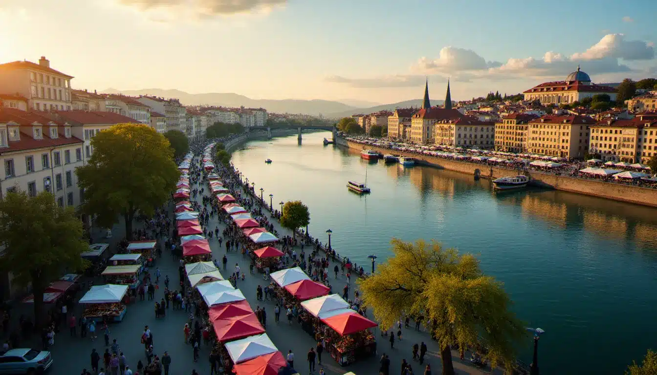 Vue panoramique de Lyon avec un événement festif en plein air sur les quais de Saône, illustrant les événements Lyon aujourd'hui