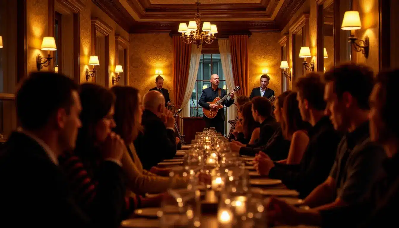 Concert de jazz en intérieur dans un bouchon lyonnais typique, éclairage chaleureux, musiciens sur scène et public attablé lors d'un événement à Lyon le soir