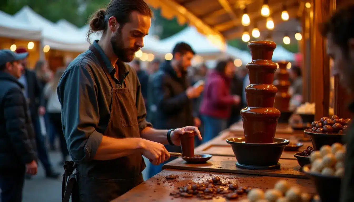 Chocolatier artisan réalisant une démonstration de tempérage du chocolat lors d'un festival gourmand à Lyon, public attentif et étals de pralines en arrière-plan
