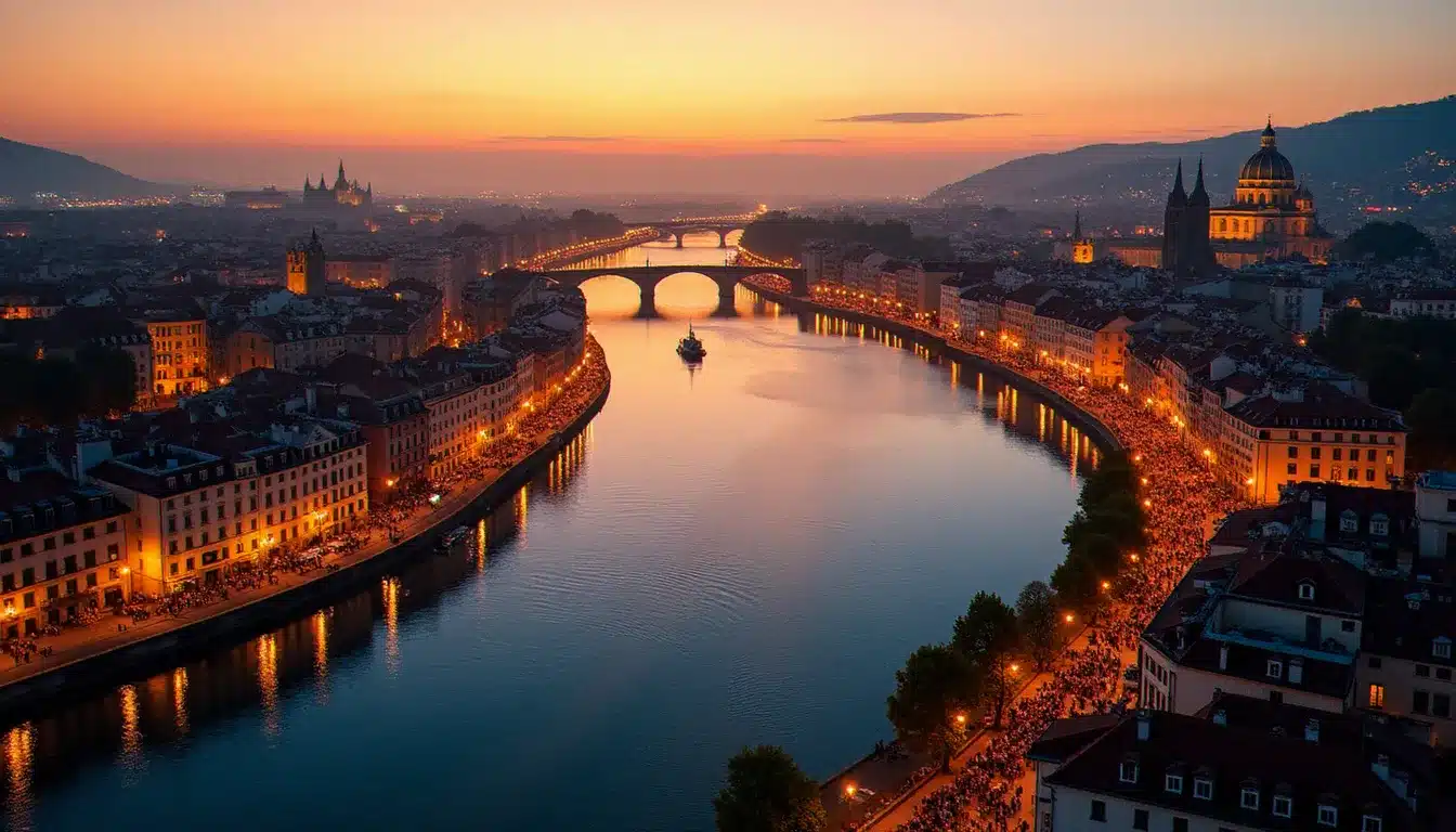 Vue aérienne de Lyon au crépuscule avec les quais de Saône animés lors d'événements en soirée, quartier du Vieux-Lyon illuminé en arrière-plan