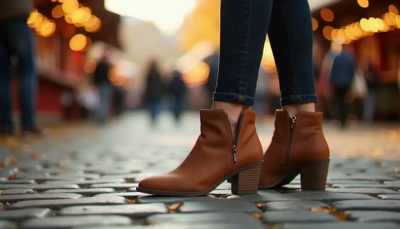 Bottines basses à semelle légèrement crantée sur pavés lors d'un festival en plein air, exemple de chaussures idéales pour festival