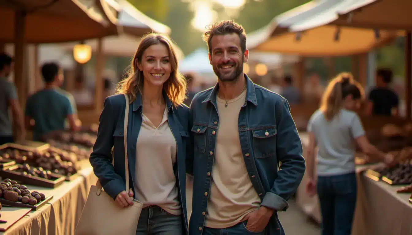 Couple en tenue festival décontractée chic aux tons neutres, parcourant les stands d'un festival gourmand en plein air sous une lumière dorée