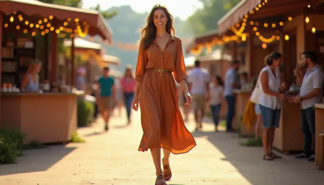 Femme élégante en robe caramel et sandales plates visitant un festival en plein air — comment s'habiller pour un festival gourmand