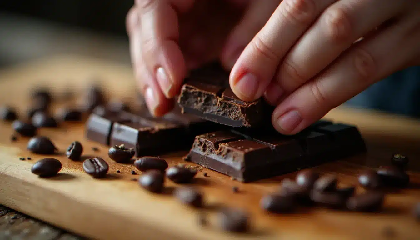Dégustation guidée de chocolat bean-to-bar lors d'un festival artisanal confidentiel, fèves de cacao et tablette sur planche en bois