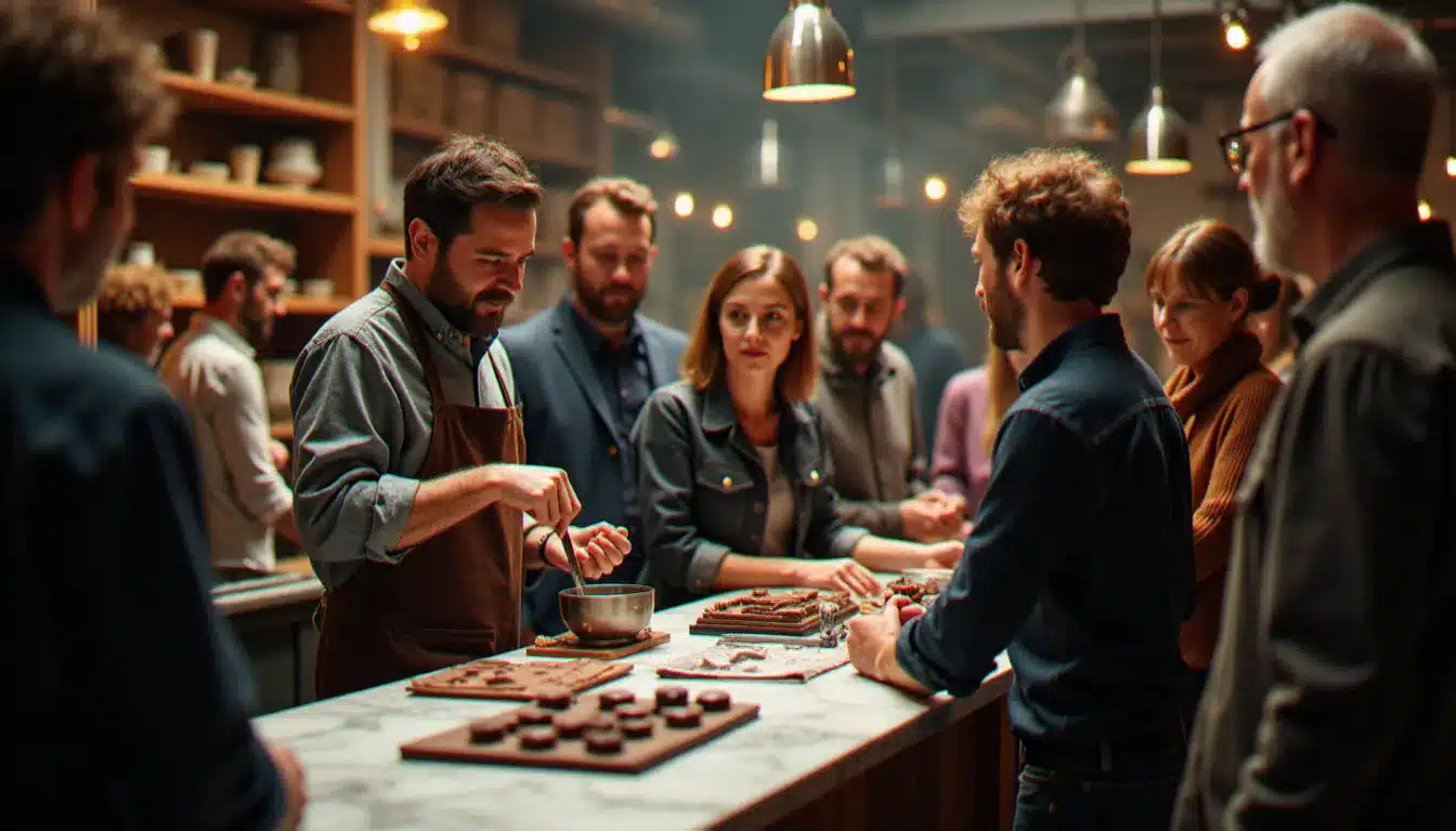 Chocolatier artisan présentant son processus bean-to-bar à un petit groupe de visiteurs lors d'un festival sans nom 2025
