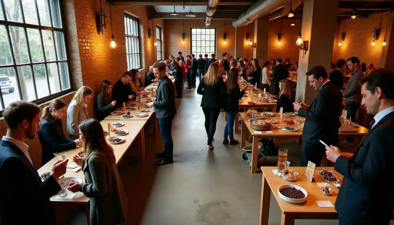 Visiteurs découvrant un festival sans nom 2025 consacré au chocolat artisanal dans un entrepôt réaménagé avec des tables de dégustation en bois