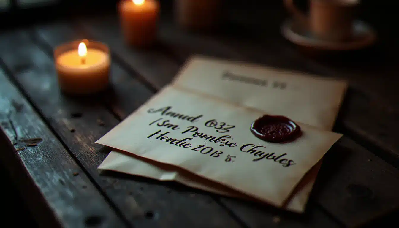 Invitation mystérieuse pour un festival sans nom, enveloppe cachetée à la cire et carton avec seulement une date, lumière de bougie sur surface en bois sombre