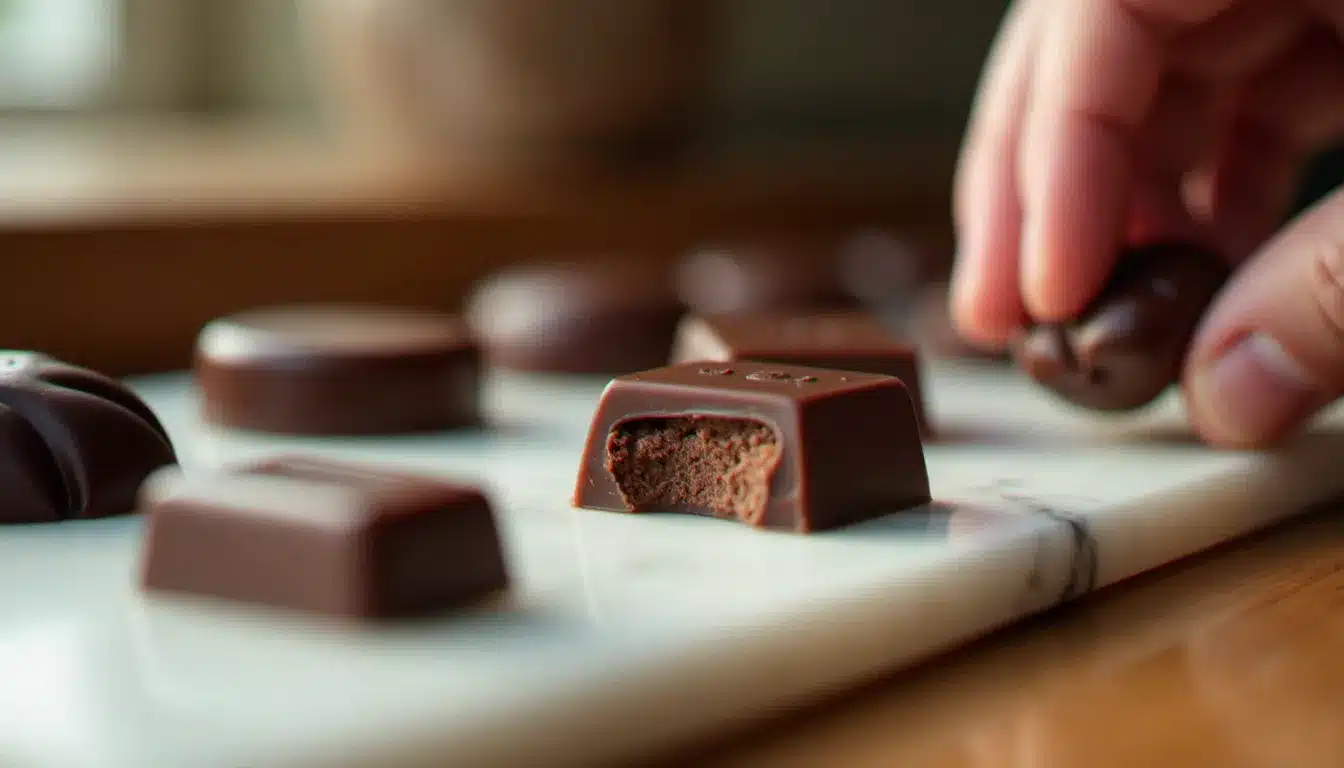 Dégustation de chocolats à l'aveugle lors d'un festival sans nom, morceaux de chocolat artisanal sans étiquette sur ardoise blanche, main tendant vers une pièce