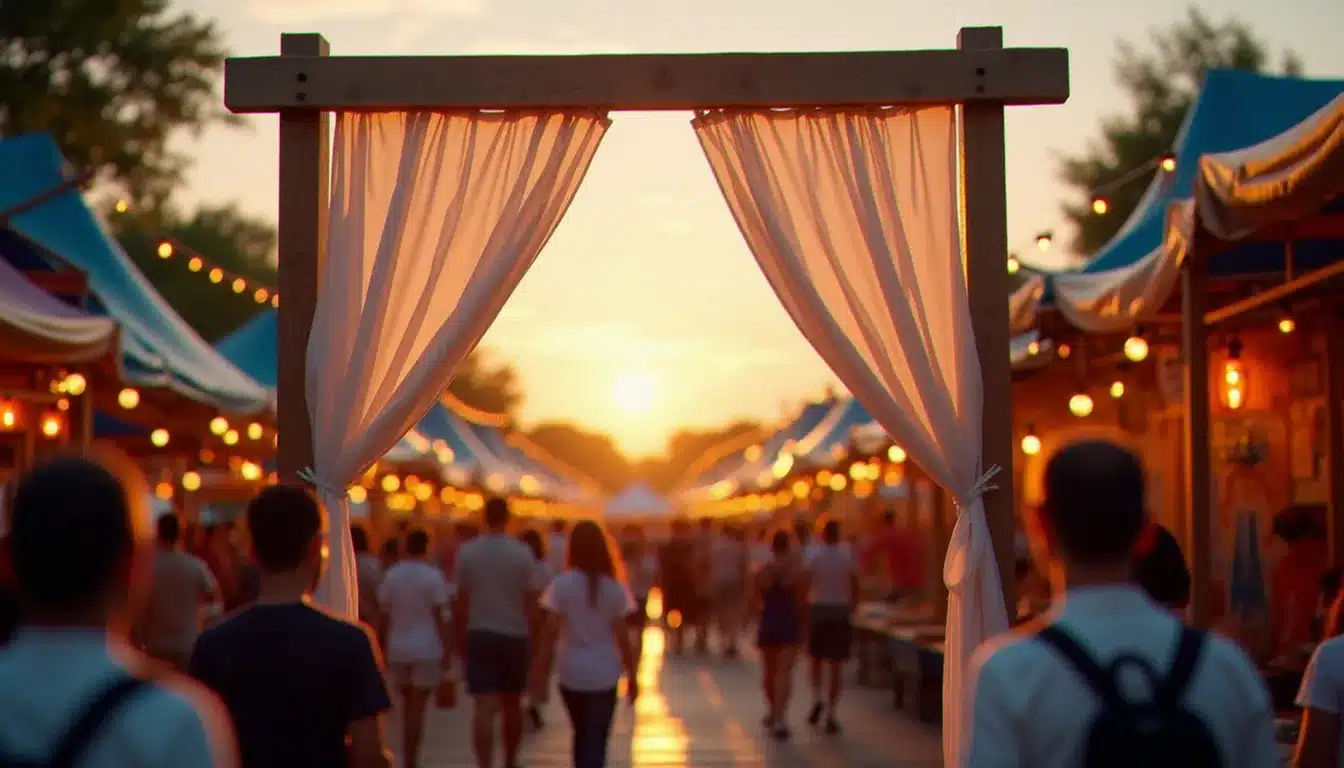 Entrée d'un festival sans nom au coucher du soleil, visiteurs passant sous une arche en bois sans enseigne ni affichage, ambiance festive et lumières dorées