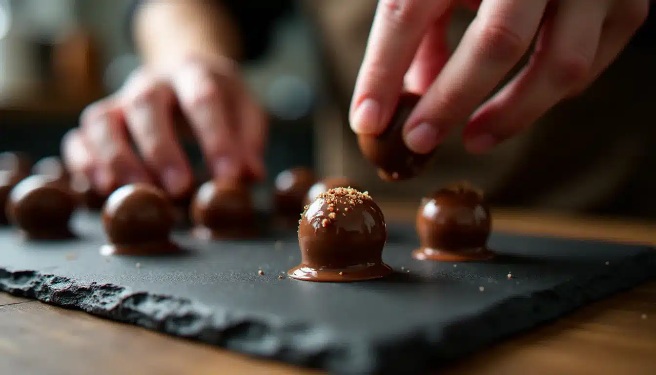 Chocolatier artisan disposant des bonbons à la ganache sur un présentoir en ardoise lors de l'installation du salon le jeudi matin
