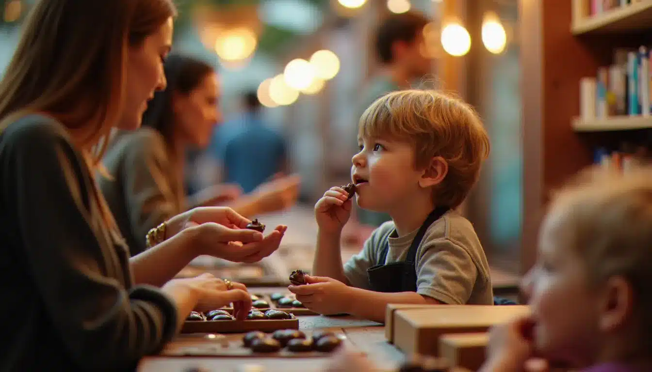 Parent et enfant dégustant des échantillons de chocolat artisanal lors de l'événement du jeudi dans une atmosphère calme et familiale