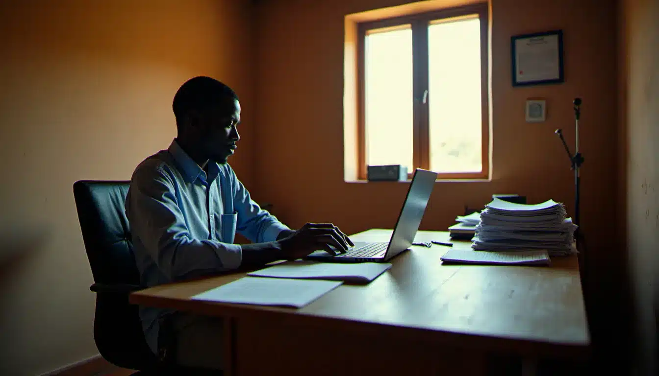 Rédaction d'un journal burkinabè à Ouagadougou, journaliste au travail dans un bureau avec documents imprimés et ordinateur portable