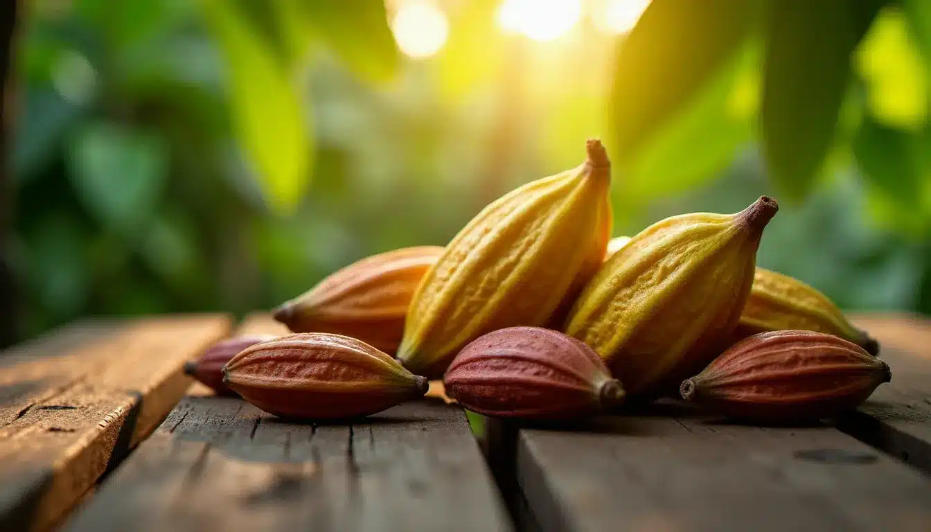 Cabosses de cacao fraîchement récoltées dans une plantation d'Afrique de l'Ouest, illustrant les filières agricoles couvertes par la presse burkinabè
