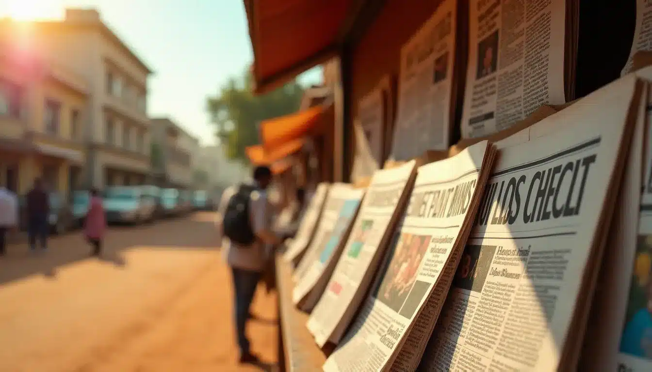Kiosque à journaux de Ouagadougou présentant la presse burkinabè dont L'Événement, sous le soleil de l'Afrique de l'Ouest
