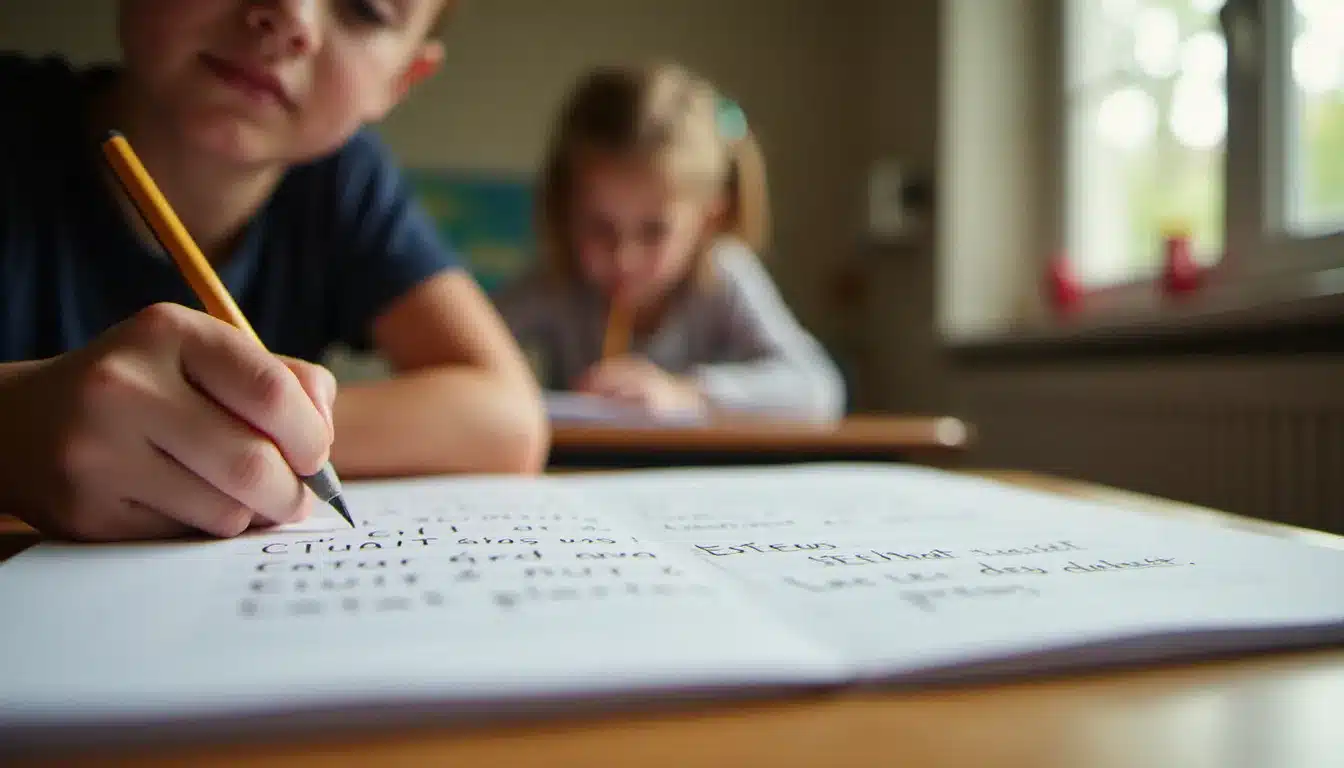Enfant écrivant des mots en français dans un cahier d'écolier, illustrant l'apprentissage des règles orthographiques à l'école