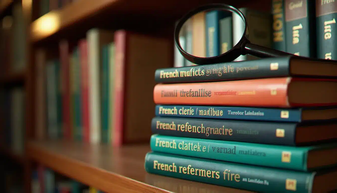 Pile de dictionnaires et grammaires françaises dans une bibliothèque, symbolisant les ressources officielles sur les rectifications orthographiques de 1990