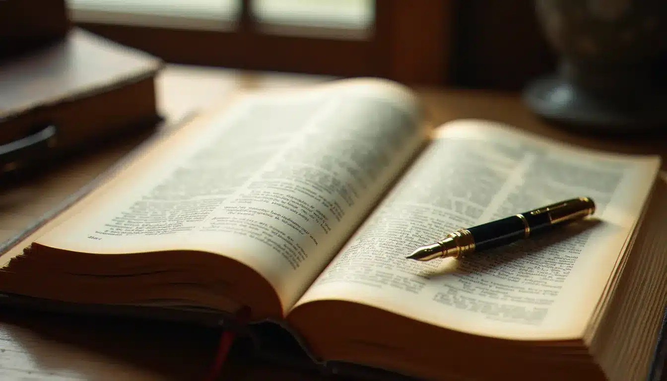 Dictionnaire français ancien ouvert sur un bureau en bois, illustrant les rectifications orthographiques du français en 1990 et l'évolution de la langue