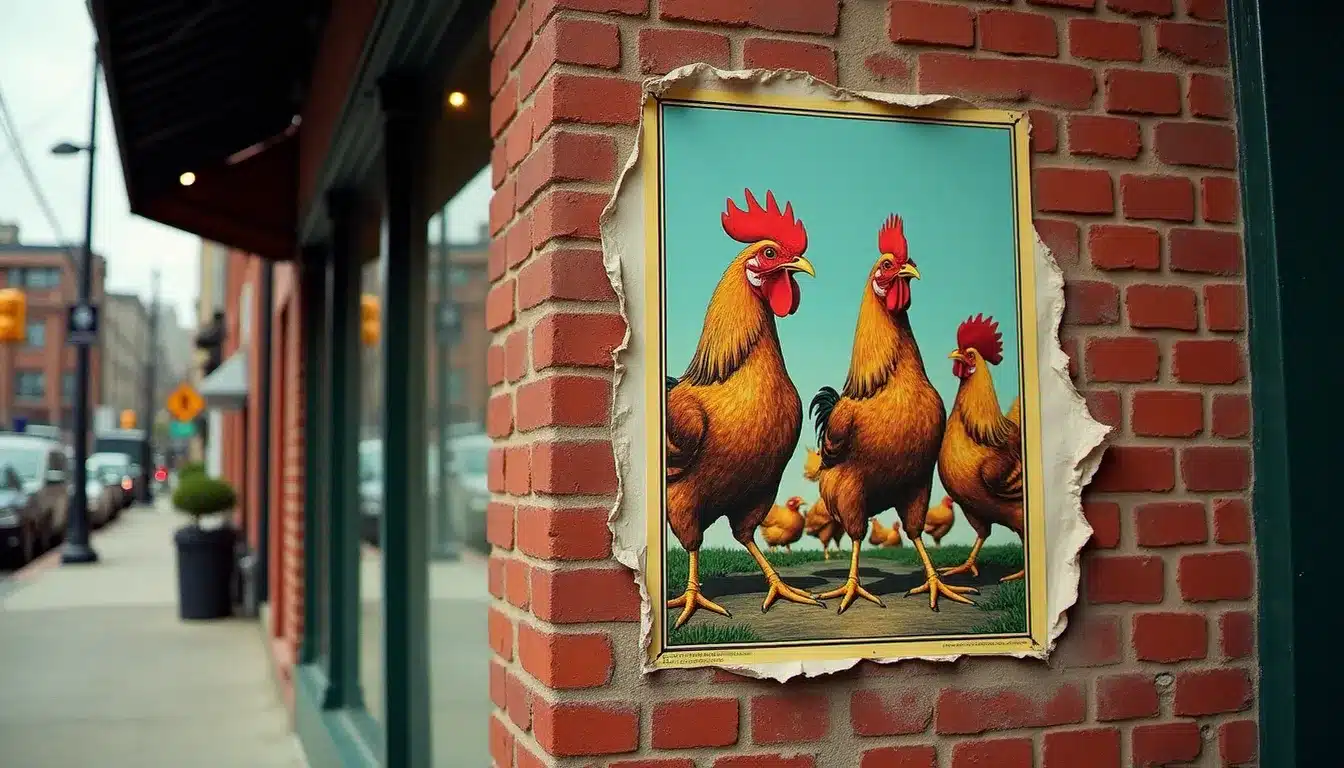 Affiche de théâtre vintage représentant des poules en style illustré comique sur un mur de briques, dans le contexte d'un spectacle satirique sur l'élevage