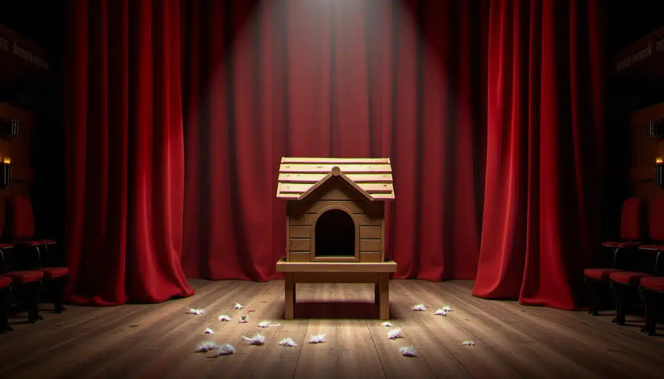 Scène de théâtre avec un poulailler rustique éclairé par un projecteur, évoquant le spectacle sur les poules préfèrent être élevées en batterie