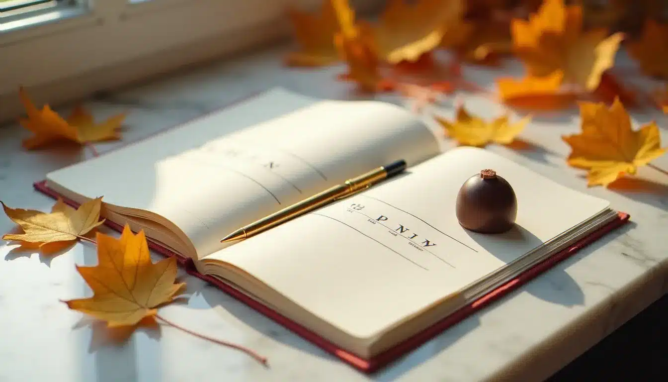 Agenda ouvert sur les mois de septembre et octobre 2026 pour planifier les dépenses d'automne après réception de l'avis d'impôt, avec un chocolat artisanal posé sur le cahier