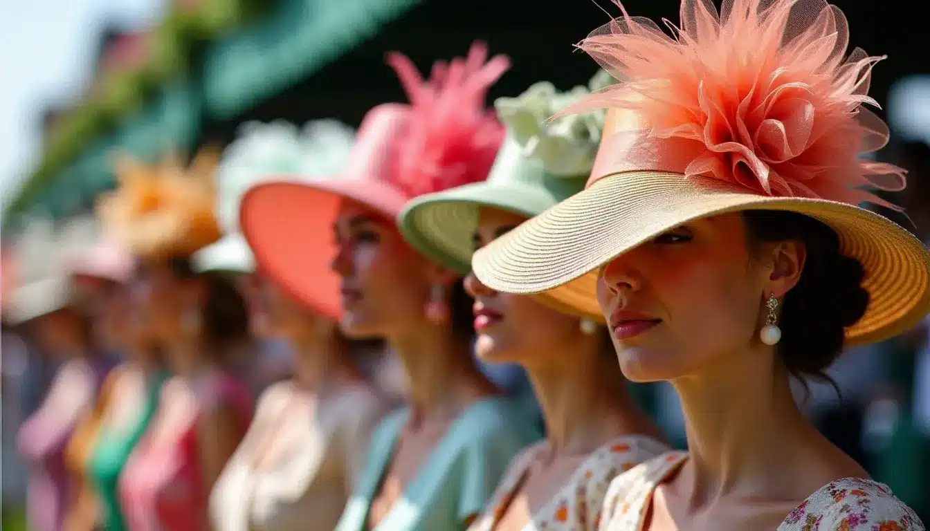 Gros plan sur des chapeaux féminins élaborés et colorés portés lors d'une grande course hippique en France, dans l'esprit du Prix de Diane
