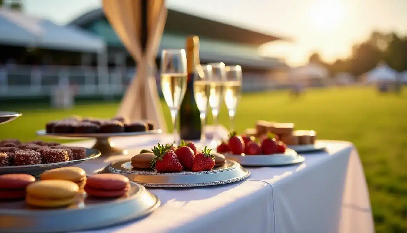 Table de dégustation gastronomique avec chocolats, macarons et champagne dans un espace hospitalité lors d'une grande course hippique française en juin
