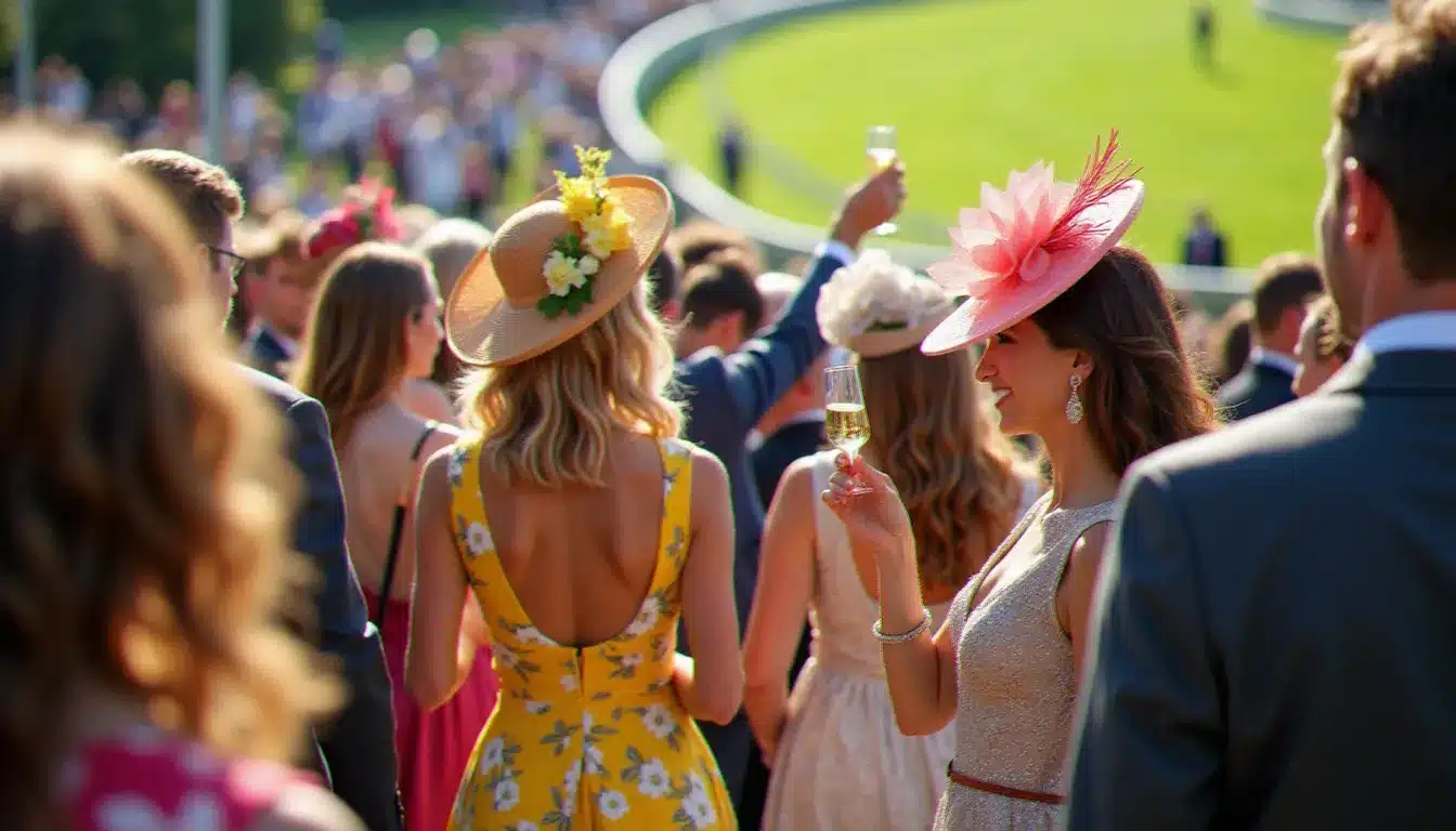 Vue de l'élégante foule réunie à l'hippodrome de Chantilly lors du Prix de Diane 2026, chapeaux et tenues de gala au soleil de juin