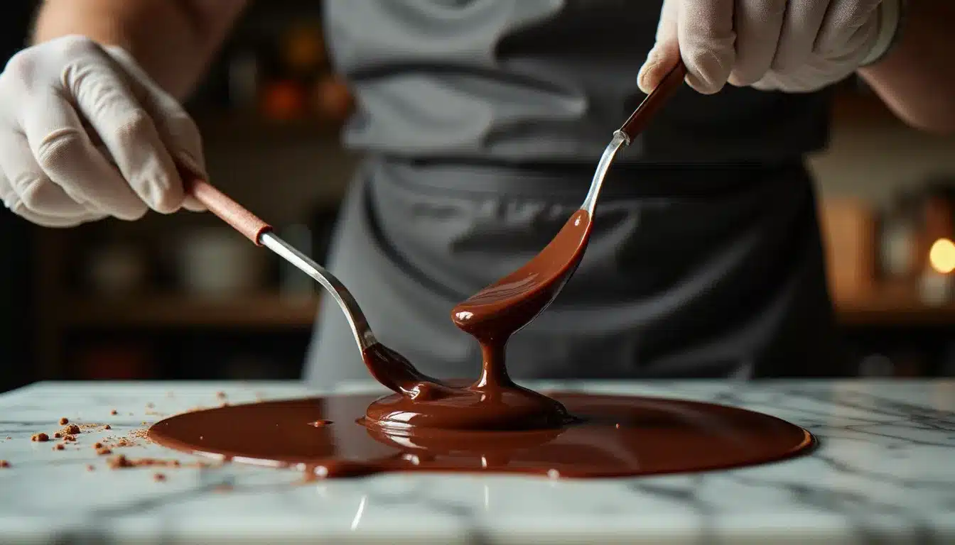 Démonstration de tempérage du chocolat noir par un chocolatier artisan lors de l'événement au Groupama Stadium, avec un public attentif en arrière-plan