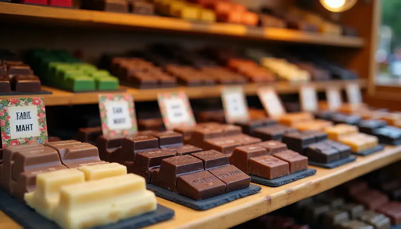 Étal d'artisan bean-to-bar à La Grande Fête du Chocolat au Groupama Stadium, avec des tablettes d'origine Madagascar, Pérou et Équateur présentées sur des étagères en bois naturel