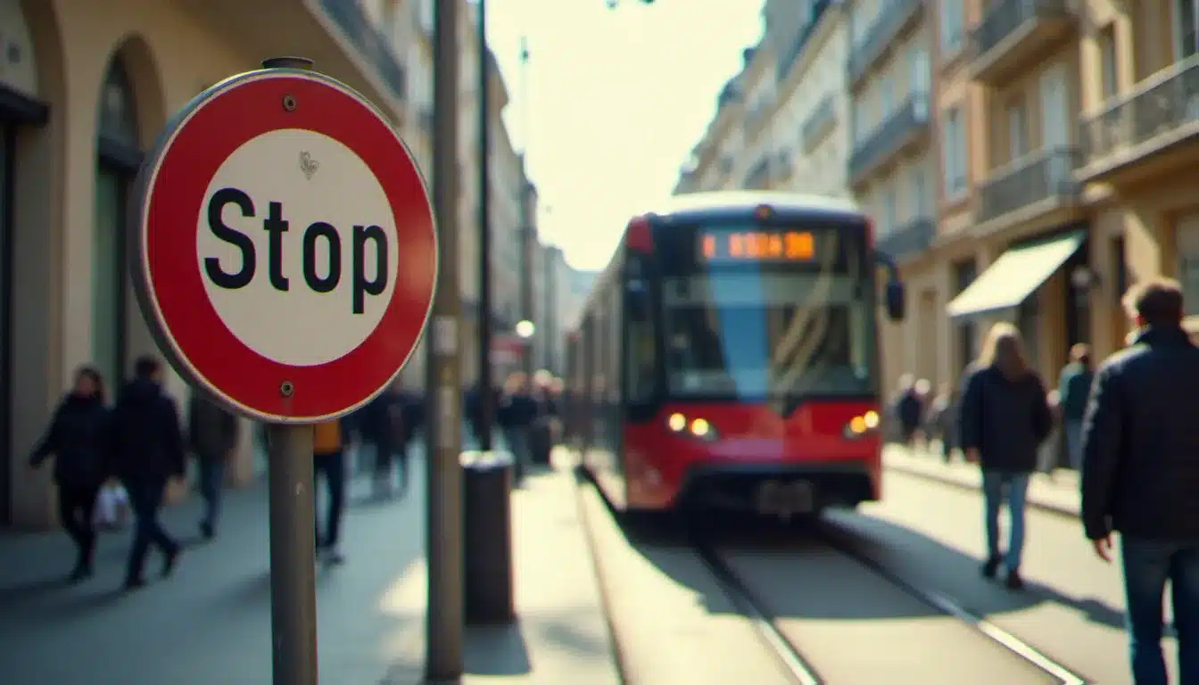 Arrêt de tramway dans le 7e arrondissement de Lyon avec des visiteurs se dirigeant vers un événement gourmand du quartier