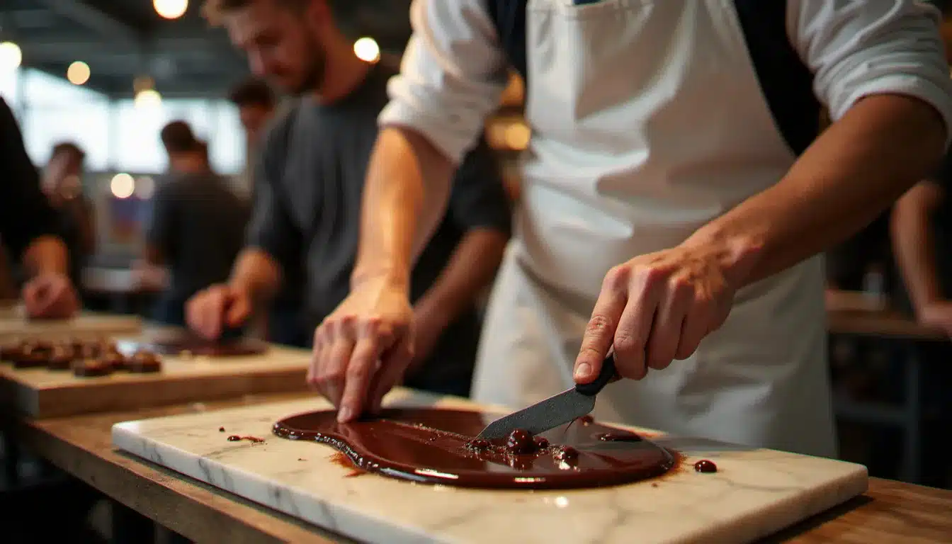 Chocolatier artisan en tablier blanc réalisant une démonstration de tempérage du chocolat sur marbre lors d'un salon gourmand à Lyon