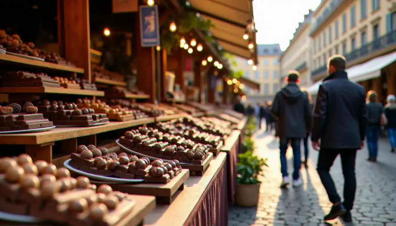 Vue d'ensemble de l'événement à Lyon 7 aujourd'hui, stands de chocolatiers artisanaux sur une place pavée sous la lumière dorée d'après-midi