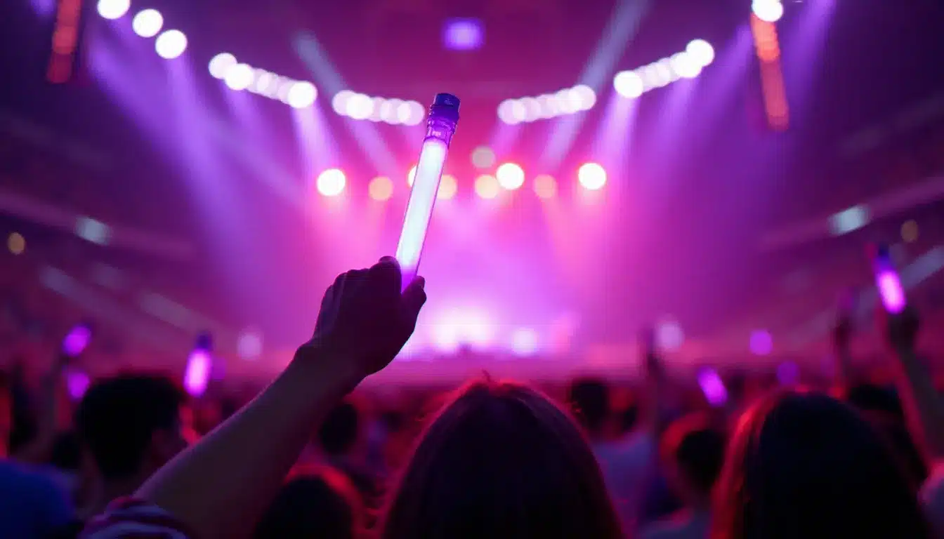 Fan tenant un lightstick violet dans un stade comble lors d'un événement BTS, ambiance festive et colorée