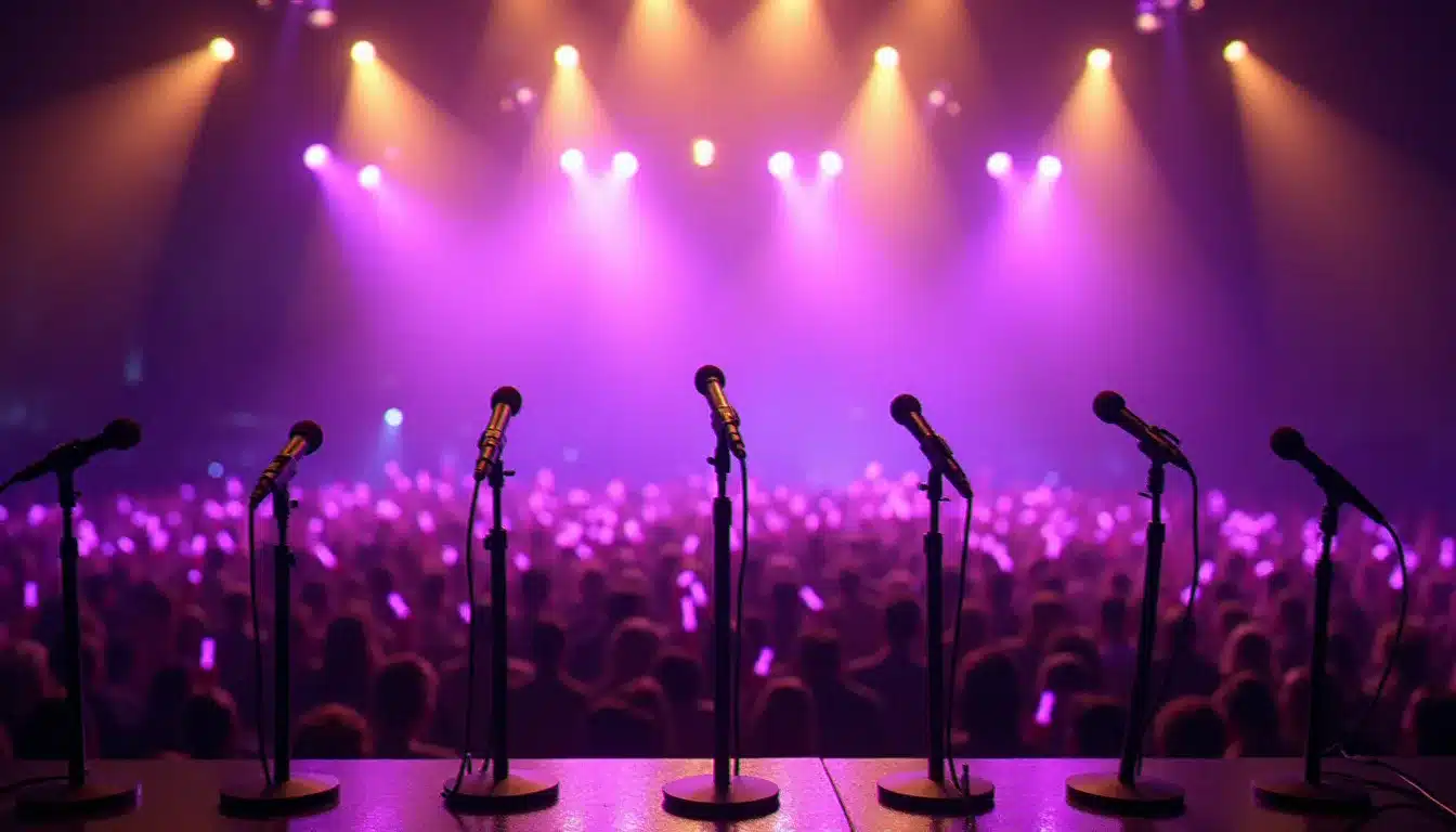 Grande scène de concert illuminée en violet avec des milliers de lightsticks dans le public, évoquant les événements à venir de BTS groupe