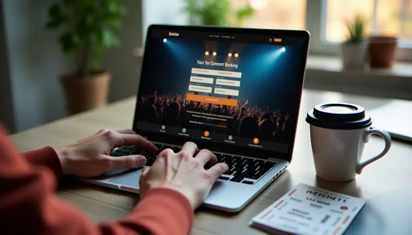 Mains sur un clavier d'ordinateur consultant un site de réservation de billets de concert, avec un billet imprimé à côté