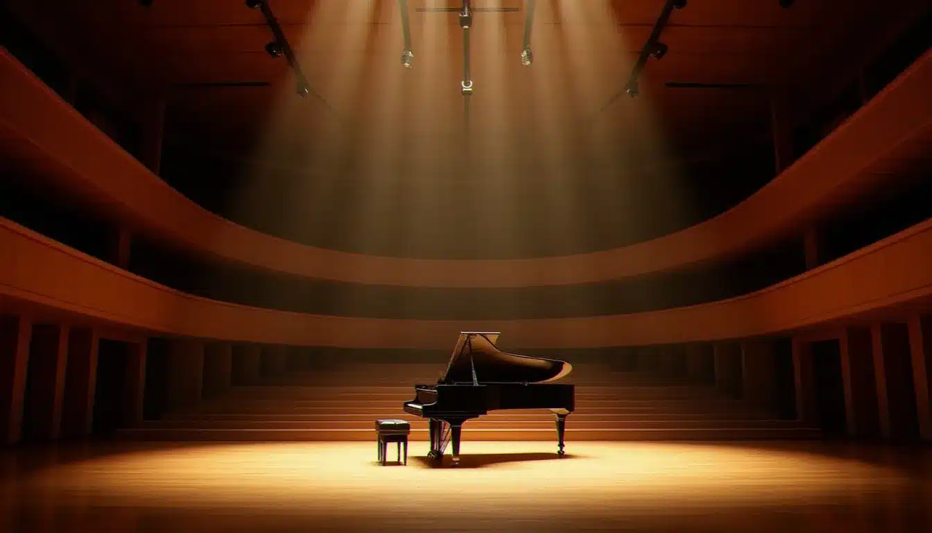 Piano à queue sur une scène de concert vide sous un éclairage chaud, évoquant l'atmosphère des événements à venir de Ludovico Einaudi