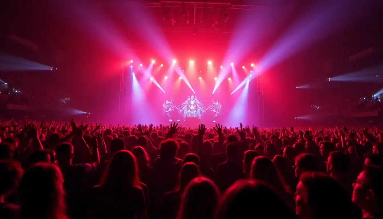 Salle de concert comble lors d'un spectacle de rock metal avec éclairages spectaculaires rouges et violets sur la foule