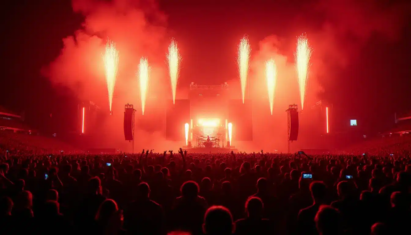 Grande scène de concert rock en plein air la nuit avec des milliers de fans et des effets pyrotechniques, illustrant l'ampleur des événements à venir de System of a Down