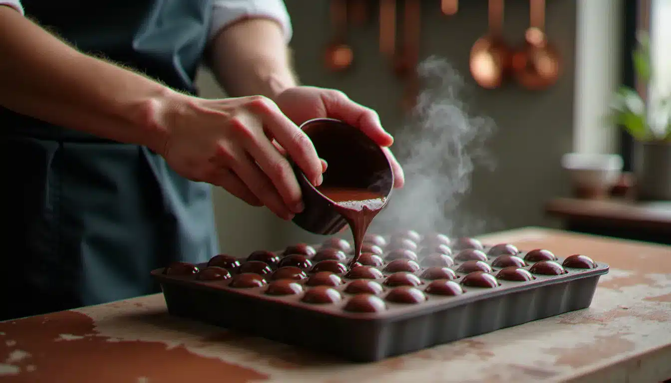 Chocolatier artisan versant du chocolat noir fondu dans des moules lors d'une démonstration de festival gourmand