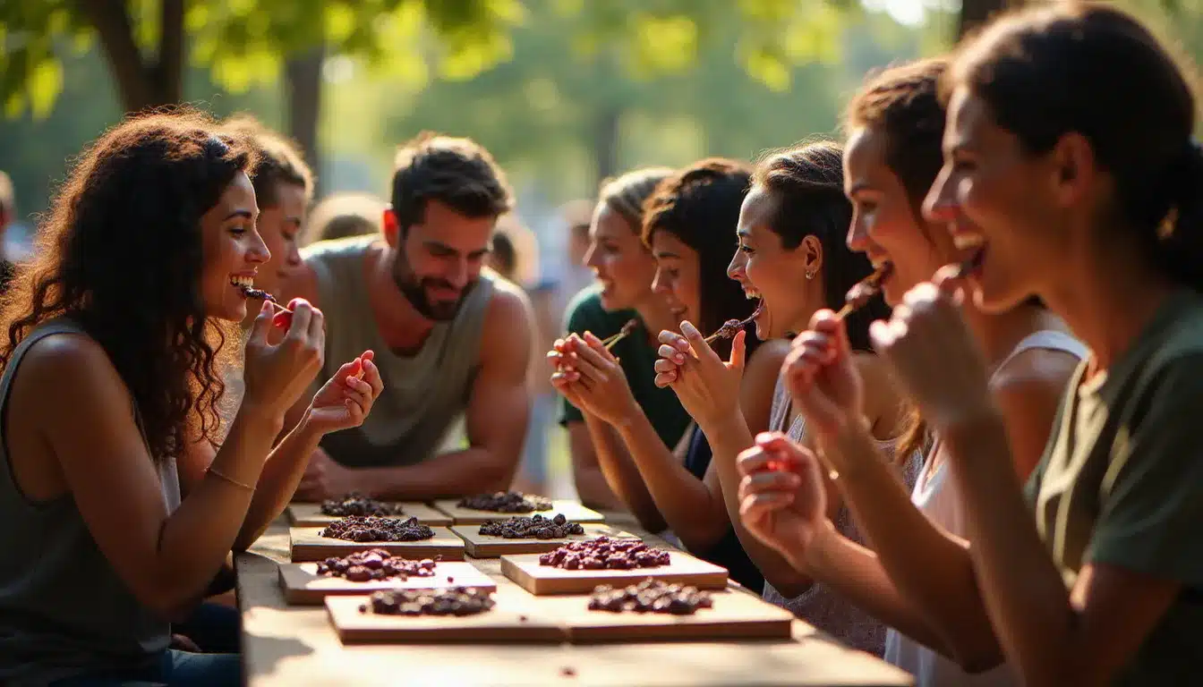 Groupe de visiteurs en dégustation guidée de chocolats d'origine lors d'un festival gourmand en plein air, avec des fèves de cacao et des accords fruits disposés sur des plateaux en bois