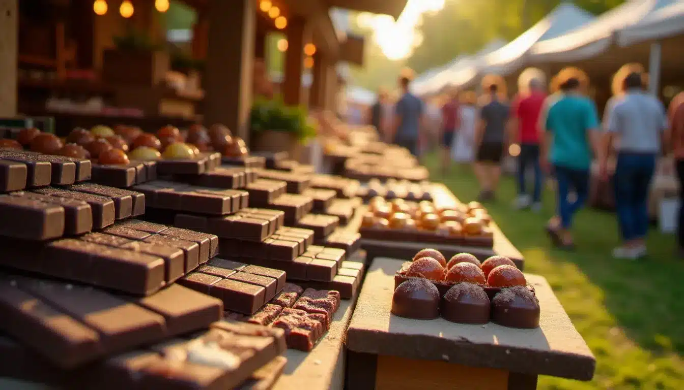 Vue d'ensemble d'un festival sans nom 2026 dédié au chocolat artisanal, avec des étals en bois couverts de tablettes et de pralines sous une lumière dorée